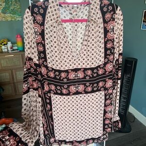 Free People Floral Blouse in Black and Cream